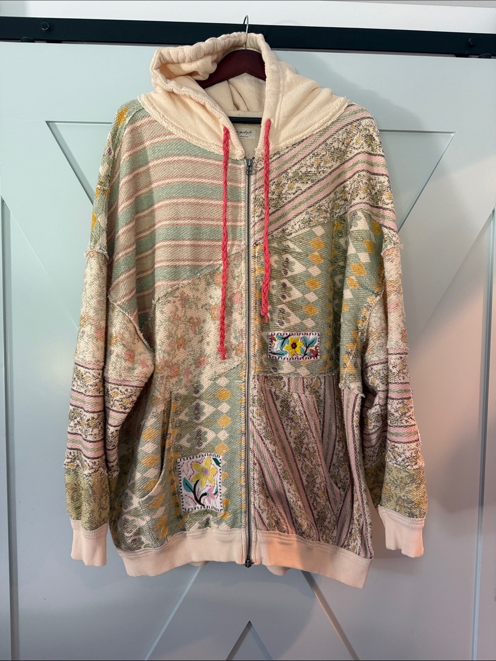Free People Patchwork Zip-Up Hoodie in Pastel Multi with Coral Drawstrings - Picture 1 of 9